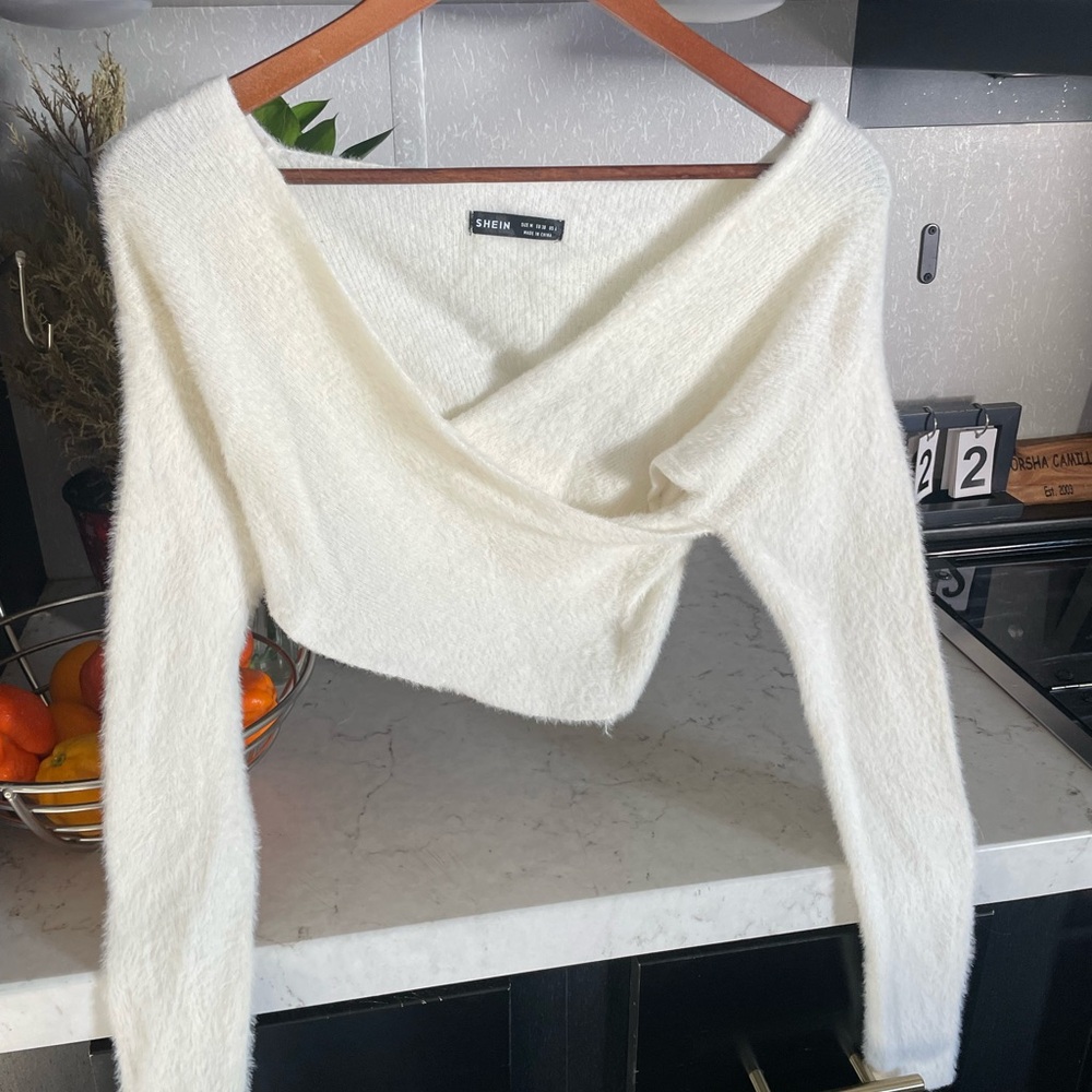 SHEIN Cream Off-the-Shoulder Sweater with Wrap Design